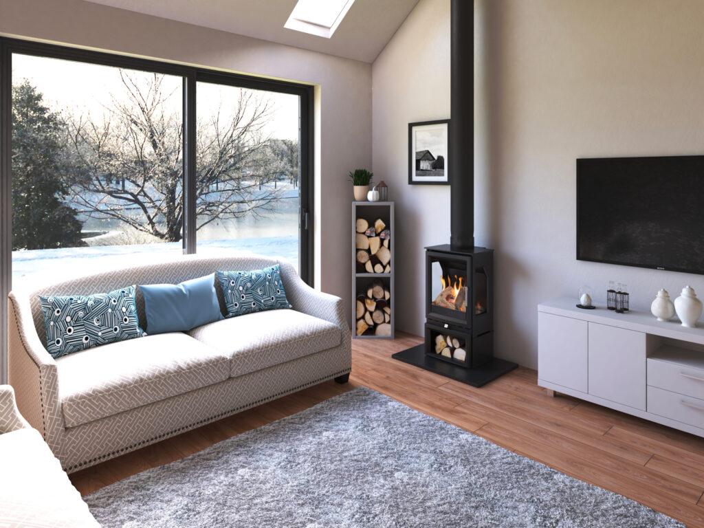 Paragon Edge 3S CF on Log Store with New Mixed Log Fuel Bed scaled