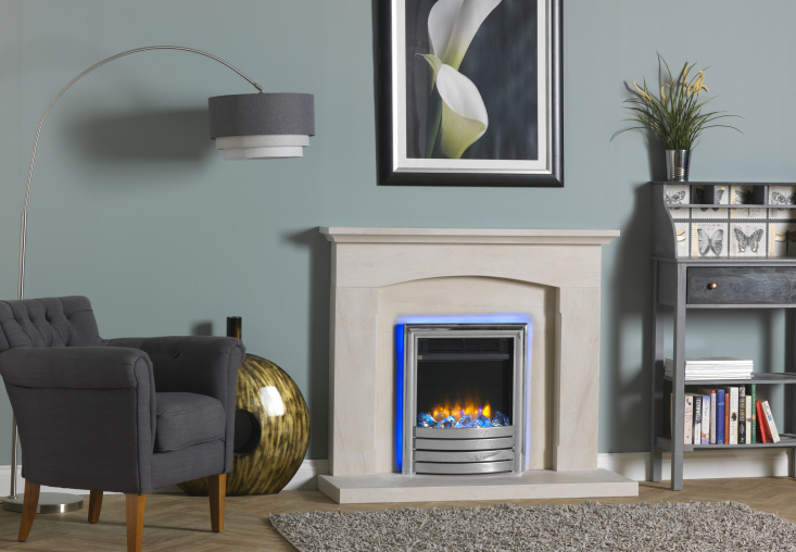 9 CJ 4D Ecoflame Burcombe Surround Chrome Elite Fascia With Ice Crystal Blue Trim Lights