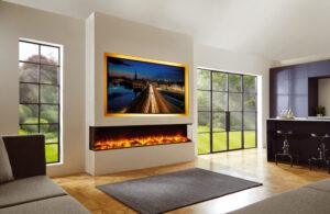 iRange i2200e Deep Media Wall with Orange Flame with LEDs with Woodland Logs TV background Three Sided2 scaled