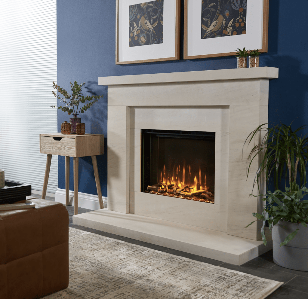 iRange i560e Slimline with Log Fuel Bed in Beckford Limestone Surround.
