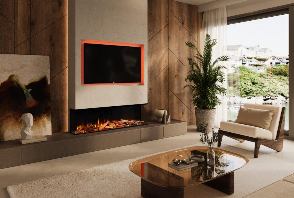 iRange i1500e Deep Media Wall with Premium Oak Log Set scaled