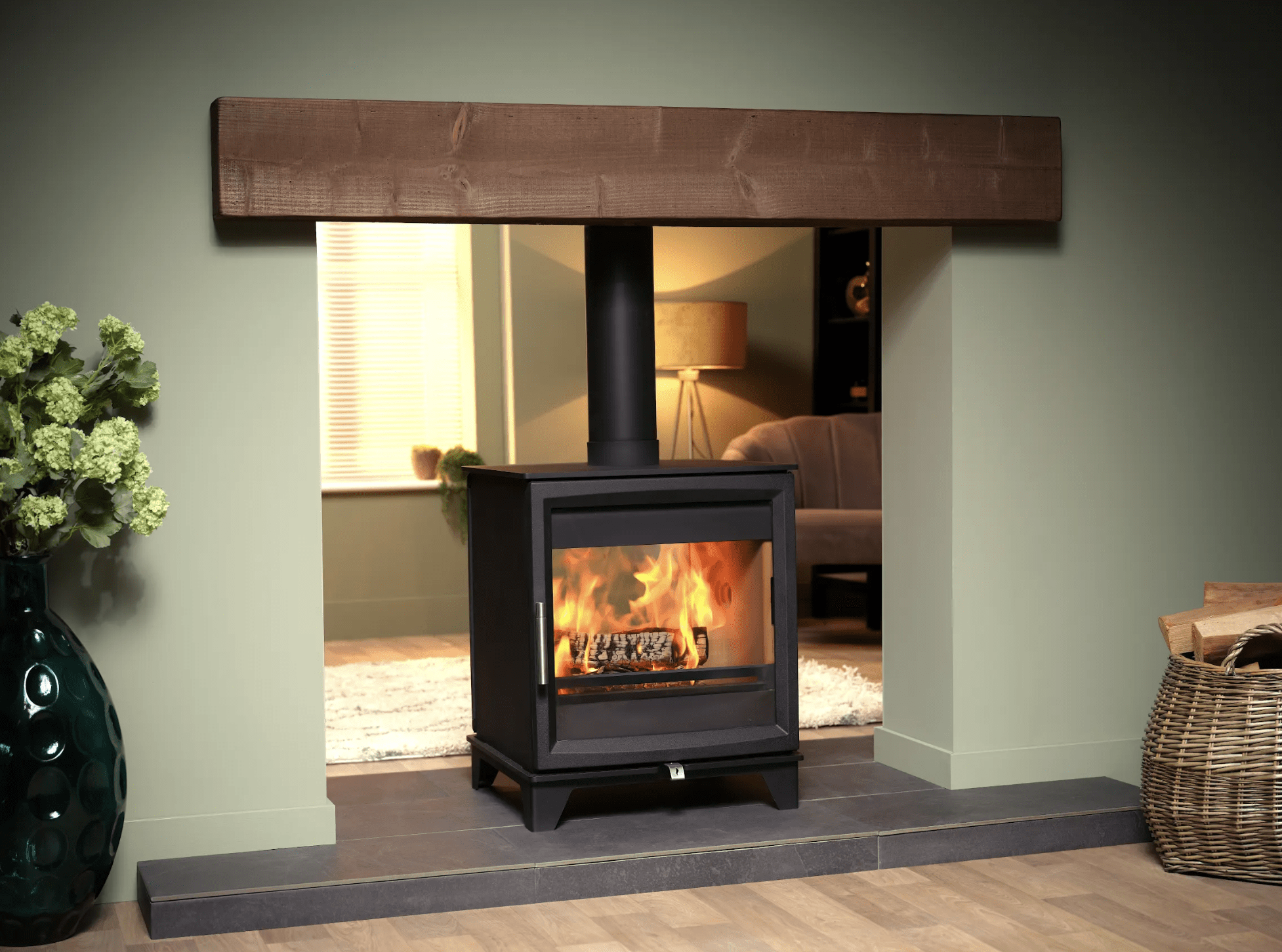 Woodtec 8kW Double Sided Wood Burning Stove on log Store 2