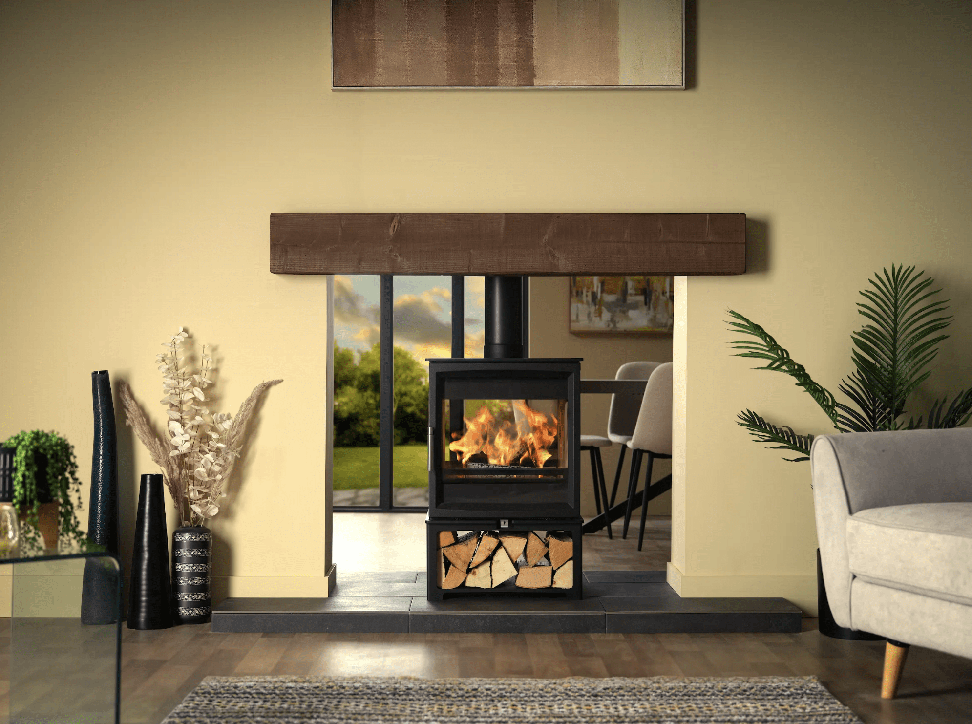 Woodtec 8kW Double Sided Wood Burning Stove on log Store