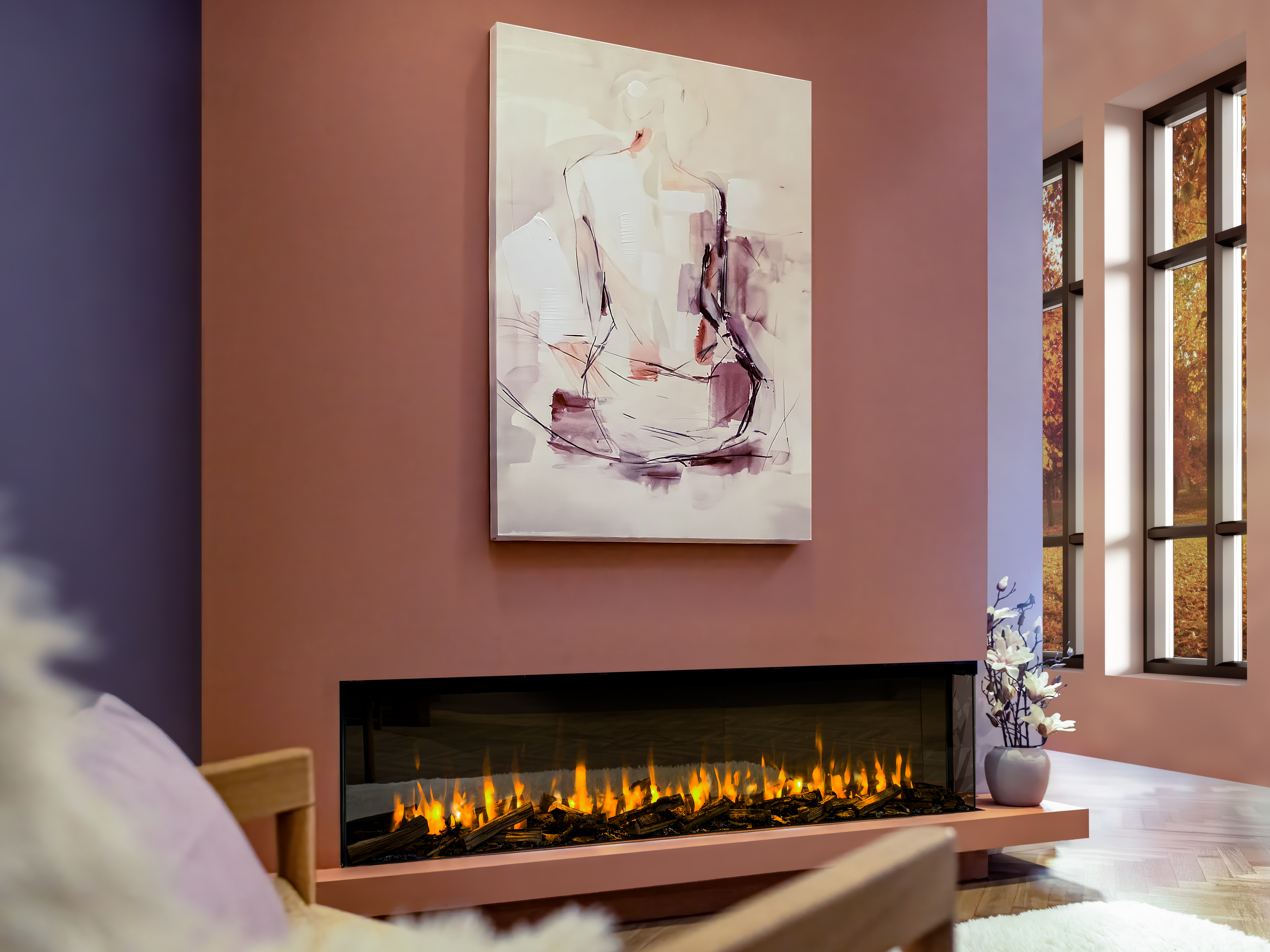 iRange i1500e Slimline in a Feature Wall with Orange Flame and Woodland Logs Left Angle