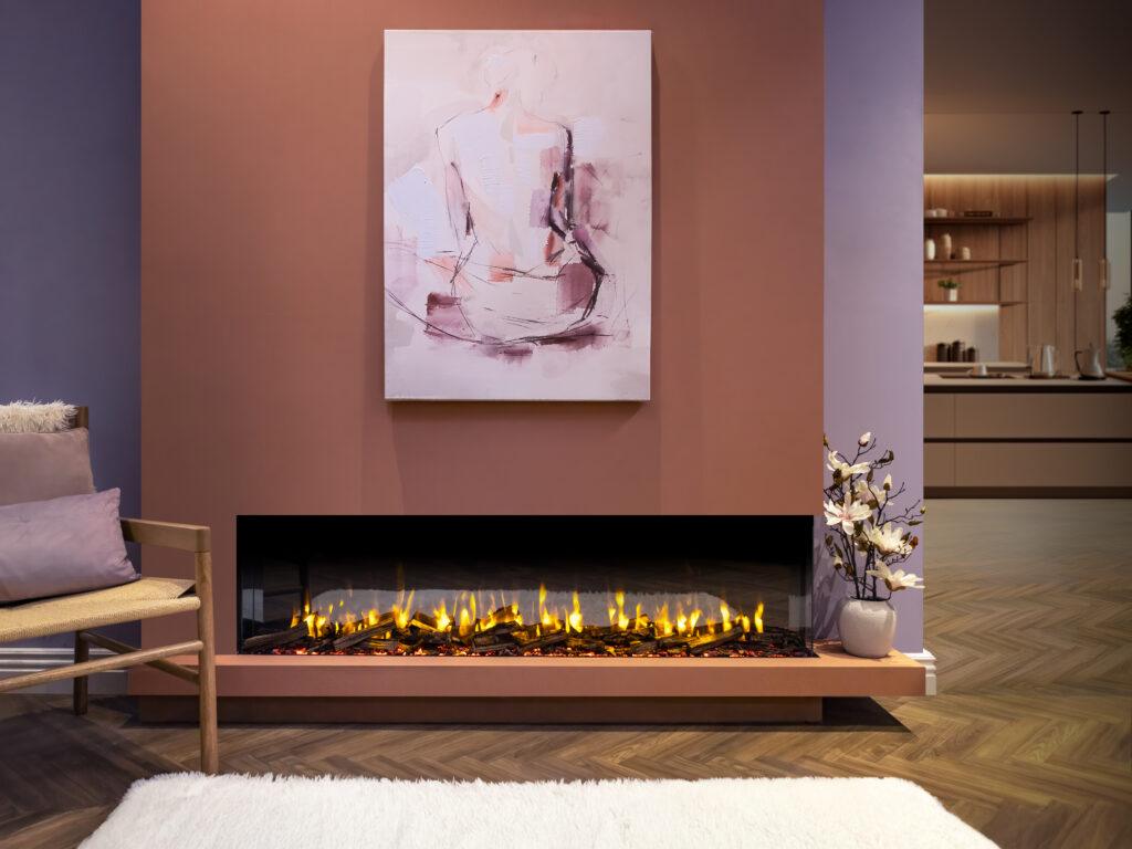 iRange i1500e Slimline in a Feature Wall with Orange Flame and Woodland Logs Straight Angle