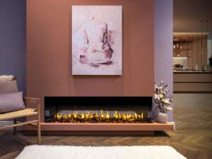iRange i1500e Slimline in a Feature Wall with Orange Flame and Woodland Logs Straight Angle
