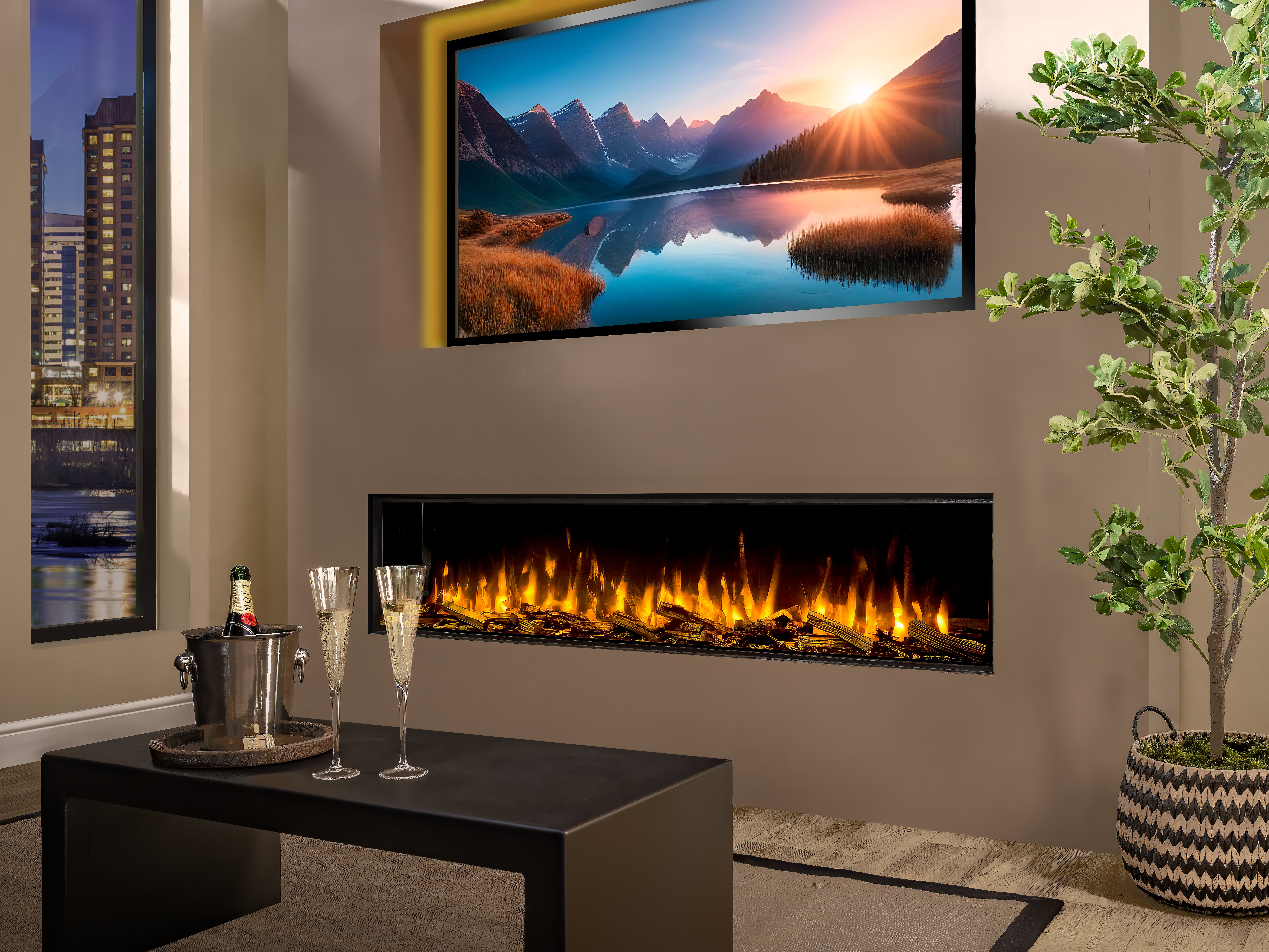 iRange i1800e Deep in a Media Wall Right Angle Orange Flame and Real Oak Premium Logs