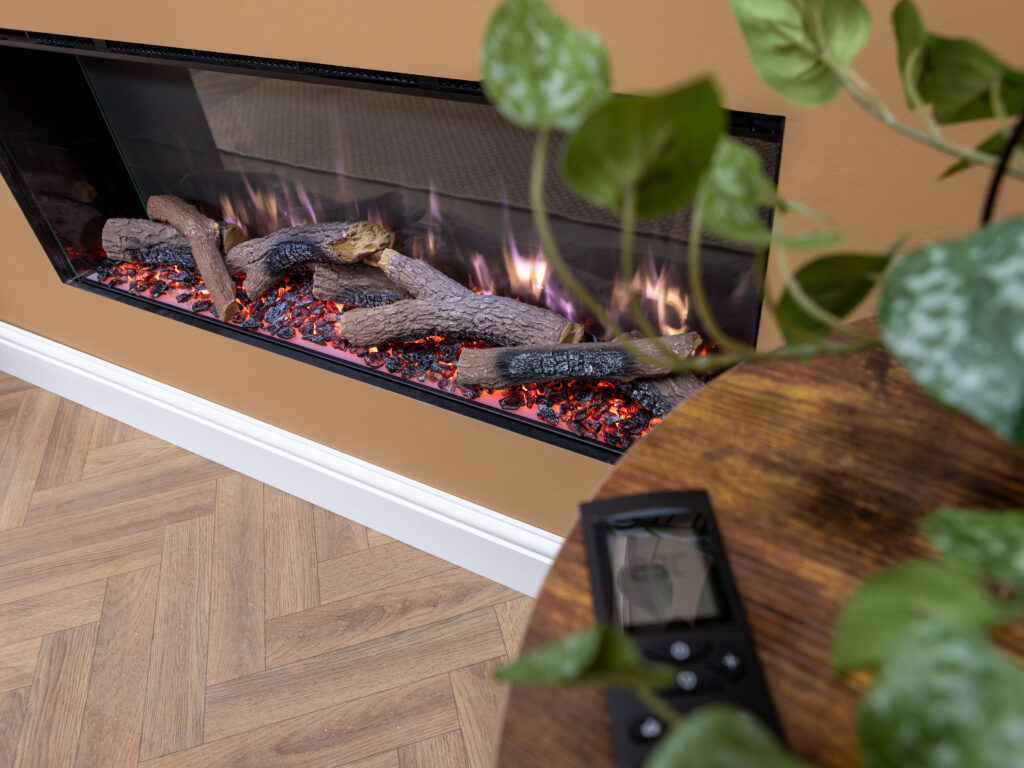 Go Eco MW 100 Electric Fire in Feature Wall White Flame Angle